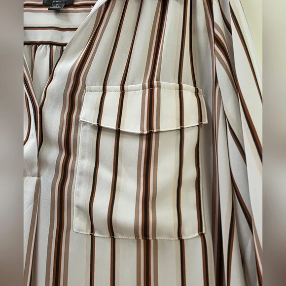 Ann Taylor Factory White and Brown Striped Casual Button Down Shirt LP - Picture 4 of 8